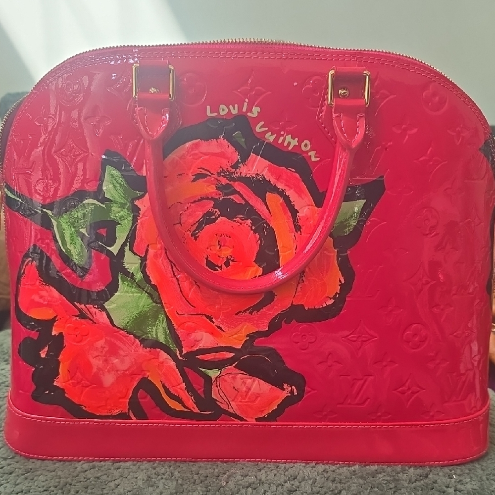 Louis Vuitton Red Patent Alma Satchel with Hand-Painted Floral Motif
